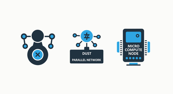 Parallel network, micro compute node, and interconnected data icons representing advanced computing and distributed systems architecture.