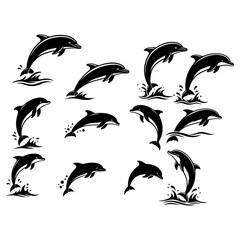 Naklejka premium Jumping Dolphins Silhouette Vector Set - Marine Life and Ocean Animal Poses for Design
