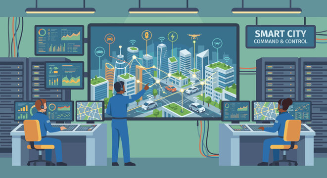 Futuristic smart city command center illustration showing operators managing urban data, autonomous vehicles, and infrastructure on a large interactive screen
