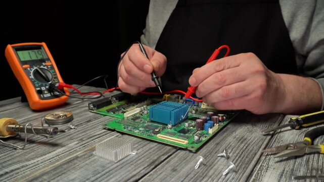 Technician repairs electronic circuit board using multimeter and probes, surrounded by tools and components on a wooden workbench in a dimly lit workshop