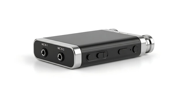 Portable black headphone amplifier and digital to analog converter with silver metal accents for high resolution audiophile sound listening and music production isolated on white background