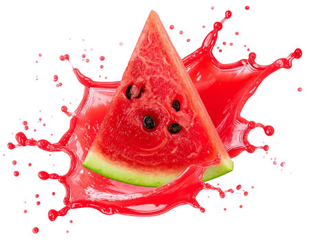 Isolated watermelon triangle wrapped with a large splash of juice on cutout PNG transparent background