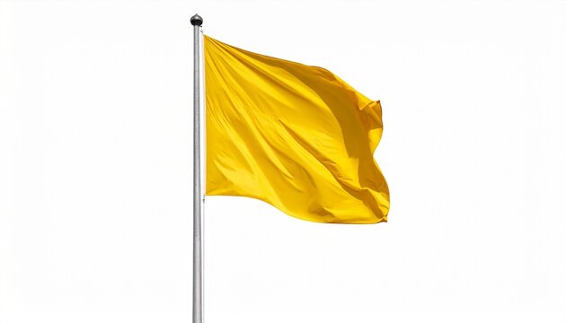 "Bright yellow flag waving on a silver pole against a plain white background."