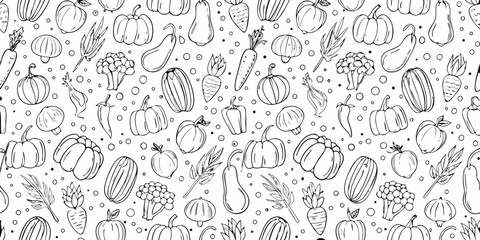 Detailed black and white pattern of various fruits and vegetables