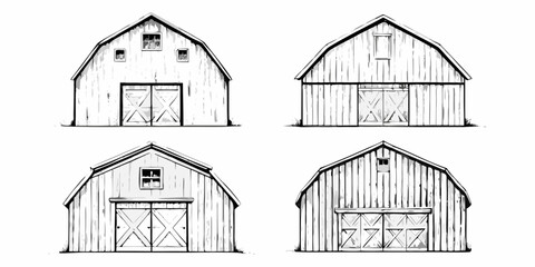 Four detailed sketches of traditional wooden barns with simple doors © Partha