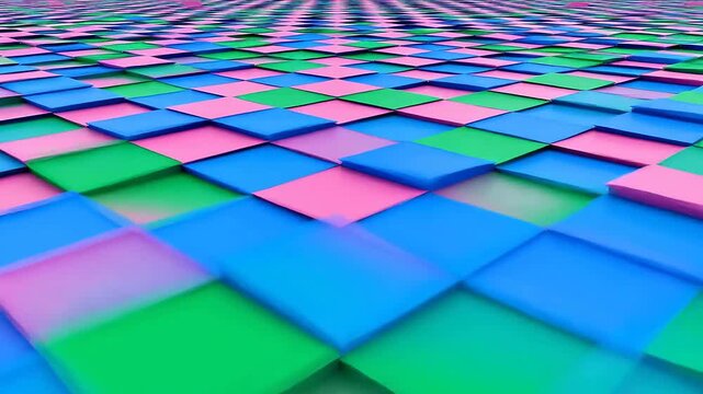 3D isometric checkerboard landscape with pink, blue, and green blocks
