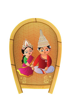 Bengali Wedding Kulo Vector - Traditional Bangla Bride Groom Cartoon Illustration for Invitation Card