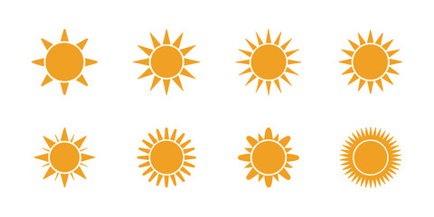 Sun Icon Collection, Minimal flat summer sunshine vector set
