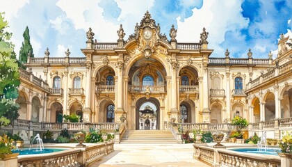 Naklejka premium Luxurious Mansion with Ornate Architecture and Gardens.