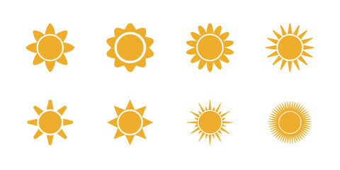 Simple yellow sun icons set isolated on clean background