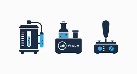 Fototapeta premium Set of scientific laboratory equipment icons: vacuum pump, beaker with liquid, and a device with a lever, for research and experiments.