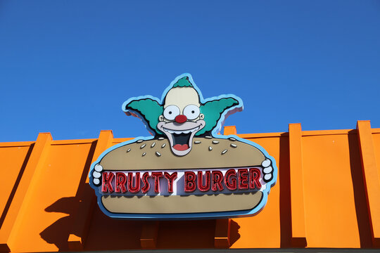 Krusty Burger Restaurant sign featuring Krusty the Clown 