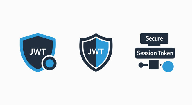 Cybersecurity and web development icons depicting JWT (JSON Web Token) and secure session token concepts for data protection.