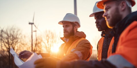 Workers discuss plans during sunset at a construction site in an outdoor setting