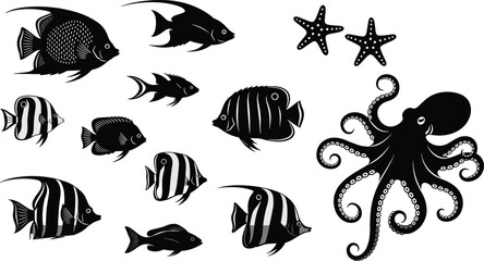 Black marine life vector illustration, tropical fish collection with octopus and starfish, ocean animal silhouette set isolated on white background, SEO © Rahena ARAFAT