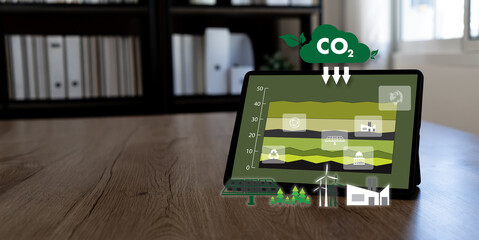 ESG performance dashboard and decarbonization visualizes CO2 reduction and ESG renewable transition copy space for ESG campaigns or reports.