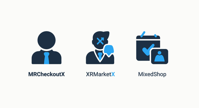 Business icons with 'X' symbol: retail checkout, market analysis, and mixed shopping concepts, indicating transactions, virtual markets, and sales performance.
