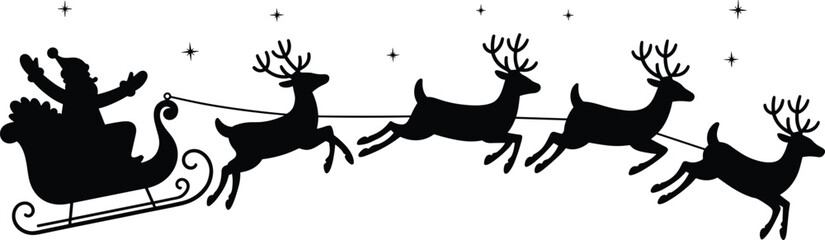 Black silhouette of Santa Claus in a sleigh pulled by reindeer flying through a starry night sky on white background © MD