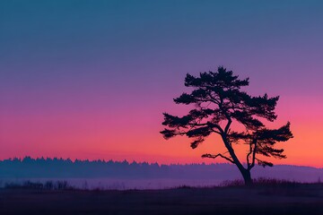 Silhouette of a perfect pine tree stands against a dramatic purple and pink sunset sky featuring gradient colors and a minimal composition.