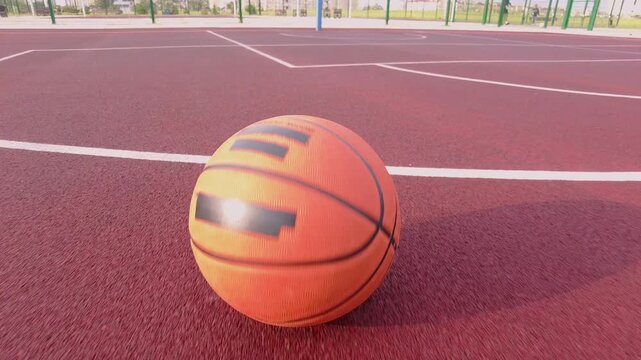 Basketball Rolling Across Outdoor Court at Sunset Evening Sports Scene and Tranquil Training Atmosphere