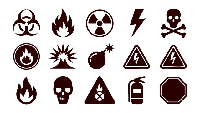 Warning and hazard safety icon set with biohazard and toxic symbols, Industrial danger sign collection featuring fire and high voltage icons, Black flat vector icons for emergency safety and risk mana