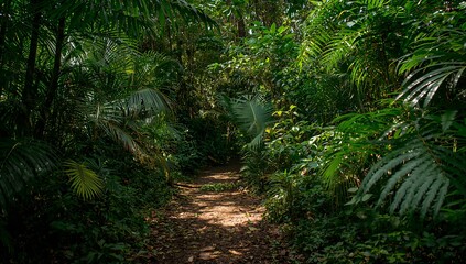 Obraz premium Path into lush green jungle with dense foliage. The sunlight filters through the canopy, creating a dappled effect on the ground