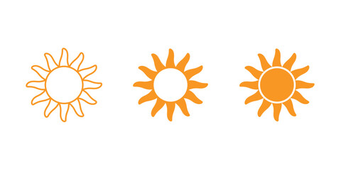 Radiant orange sun icon set, Outline, silhouette, and filled vector graphics