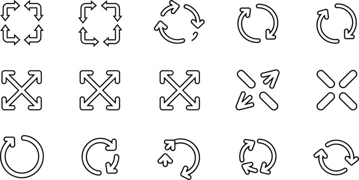 Collection of minimalist arrow icons and symbols, refresh and sync signs, expand and collapse pointers, flat vector flavector, isolated set.