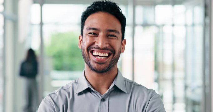 Realtor, face or man in agency with laugh, career pride or ambition as property seller. Happy, developer or real estate agent in office with experience, about us or confidence in housing industry.