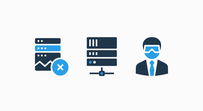 Icons representing servers, data analysis with a cross-out symbol, and a user in VR goggles, for IT, data security, and virtual reality concepts in blue and dark blue.