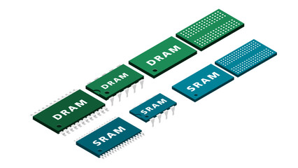 Isometric DRAM and SRAM Memory Architecture Diagram Showing Cache and Main Memory Structure, CPU Cache Integration, Bandwidth and Latency in Computer Systems © SHIROKUMA-DESIGN