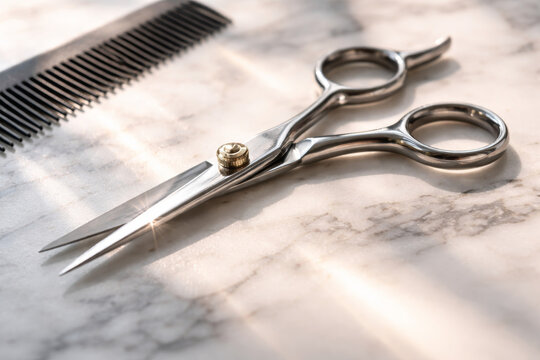 Professional hairdressing scissors and comb on marble surface