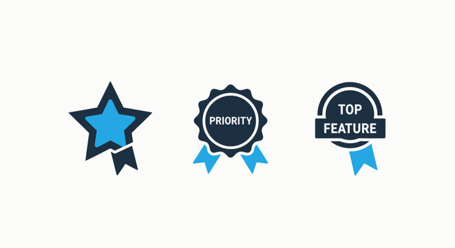 Set of icons for recognition and awards: a star badge, priority ribbon, and a top feature medal, symbolizing excellence and achievement.