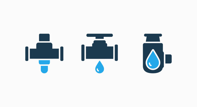 Icons depicting plumbing and water systems: a filter or valve fitting, a faucet with a dripping water drop, and a water meter or flow regulator, in blue and dark blue.