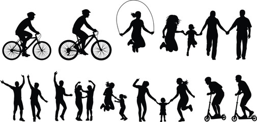 Fototapeta premium Large black silhouette collection of diverse people and families engaging in cycling jumping rope running and riding scooters flavector