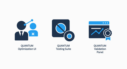 Fototapeta premium Quantum technology icons: optimization UI, testing suite, and validation panel for advanced scientific and tech applications.