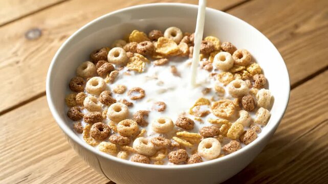 Composite image showing the steps for preparing a morning breakfast cereal. Milk is poured into a white bowl of multigrain flakes and rings on a wooden tabletop