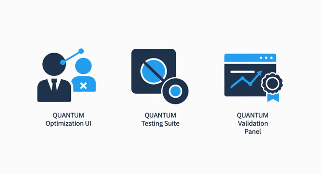 Quantum technology icons: optimization UI, testing suite, and validation panel for advanced scientific and tech applications.