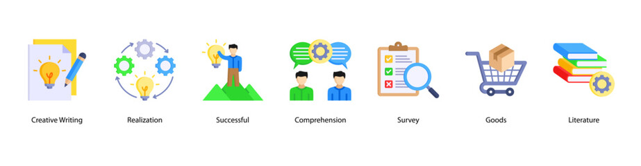 Creative Knowledge web banner vector illustration featuring Creative Writing, Realization, Successful, Comprehension, Survey, Goods, and Literature.