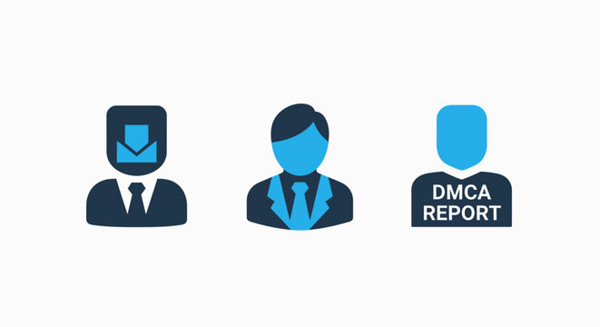 DMCA Report and Business Icons: Download, Man, and Copyright Notification