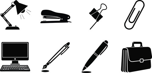 Obraz premium Collection of eight modern fashion and apparel icons, black vector silhouettes of evening dress, business suit, hoodie, trench coat, and accessories isolated on white.