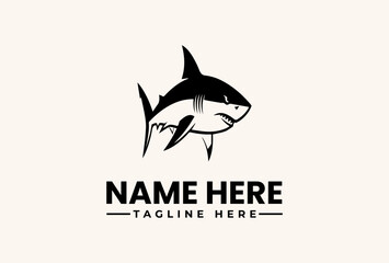 Naklejka premium Black and white shark logo with a placeholder name and tagline on a beige background