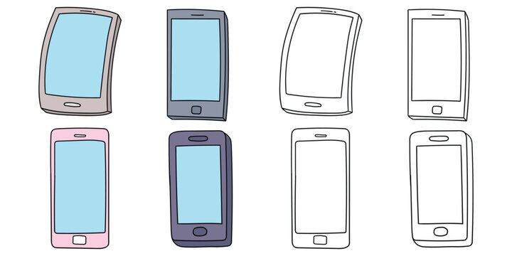 Hand-drawn cartoon and doodle set of mobile phones on a white background.