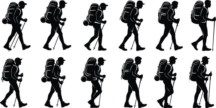 Large collection of male and female hiker silhouettes with backpacks and trekking poles walking isolated on white background for design