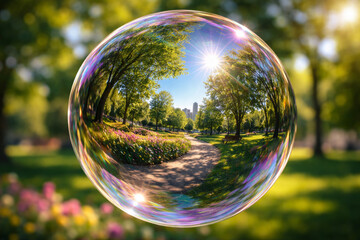 Scenic park view captured within a colorful bubble lens