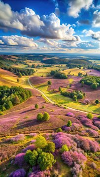 Aerial view of Mechelse Heide with vast expanse of rolling hills and wildflowers in full bloom