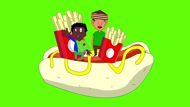 Carnival animation in cartoon style with people parading on a float and in food costumes on a green background, art, 2D.