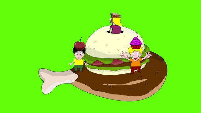 Carnival animation in cartoon style with people parading on a float and in food costumes on a green background, art, 2D, party.