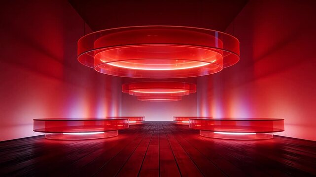 Red interior space with glowing transparent rings and wood floor