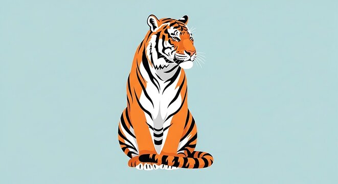 Illustration of a tiger sitting calmly on plain background.